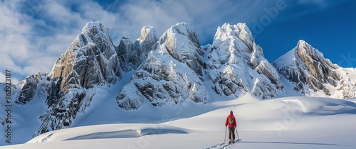 A Solo Hiker Stands Before Majestic Snow-Covered Mountains in Winter
