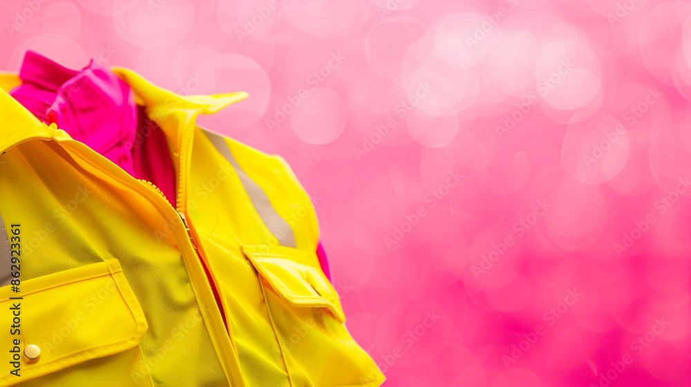 Stylish Labor Day ad image with yellow safety vests on a blurred pink background, ample copy space. Stylish Labor Day ad image with yellow safety vests on a blurred pink background, ample copy space.
