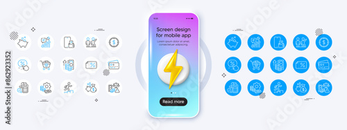 Leader run, Kpi and Inflation line icons. Phone mockup with 3d energy icon. Pack of Teamwork, Discount banner, Card icon. Loan, Money, Fraud pictogram. Vector
