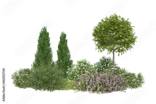 Fototapeta Naklejka Na Ścianę i Meble -   Realistic Green garden bushes. Shrubs and flower 3d rendering of isolated objects.
