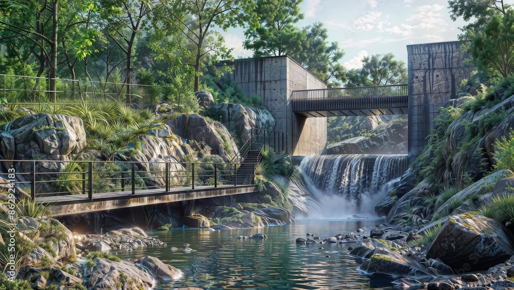 Discover a serene natural setting with a cascading waterfall, a concrete bridge, and a tranquil pond surrounded by lush greenery and rocks. This picturesque scene combines the beauty of nature. Discover a serene natural setting with a cascading waterfall, a concrete bridge, and a tranquil pond surrounded by lush greenery and rocks. This picturesque scene combines the beauty of nature.