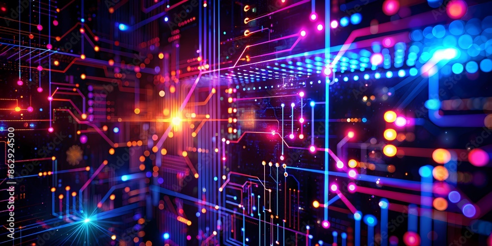 Obraz premium Vibrant Digital Abstract Design with Neon Colors - Futuristic, Cyberpunk, Tech-Inspired, Geometric, High-Resolution, Multicolored, Data Visualization, Sci-Fi, Glowing Lights, Tech Art Background