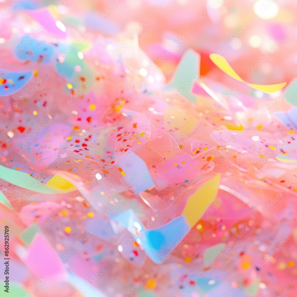 Fototapeta premium Colorful confetti background. Party popper releasing a burst of colorful confetti and streamers. Birthday themed background, glitter, bokeh, birthday, holiday, celebrate, festive.