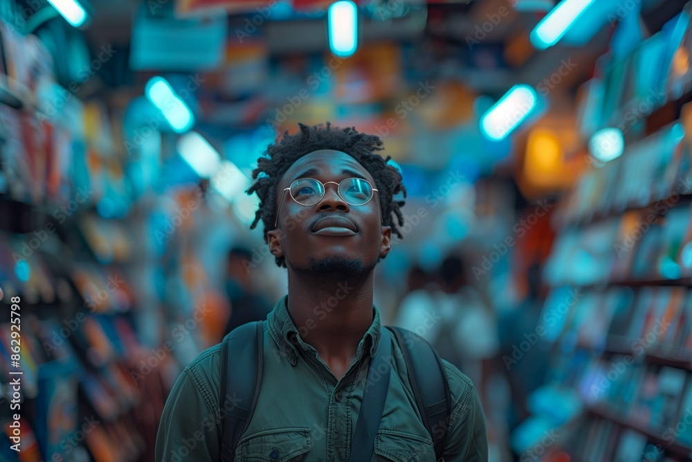 Fototapeta premium Man With Dreadlocks Looks Upward in Bookstore
