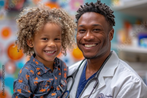 A pediatrician listening to a child's heartbeat with a stethoscope in a colorful, child-friendly clinic.  photo