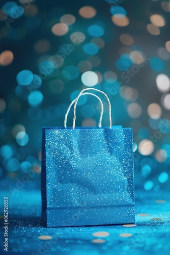 Blue paper shopping bag on blue background with bokeh. Shopping, sale, blue friday concept photo