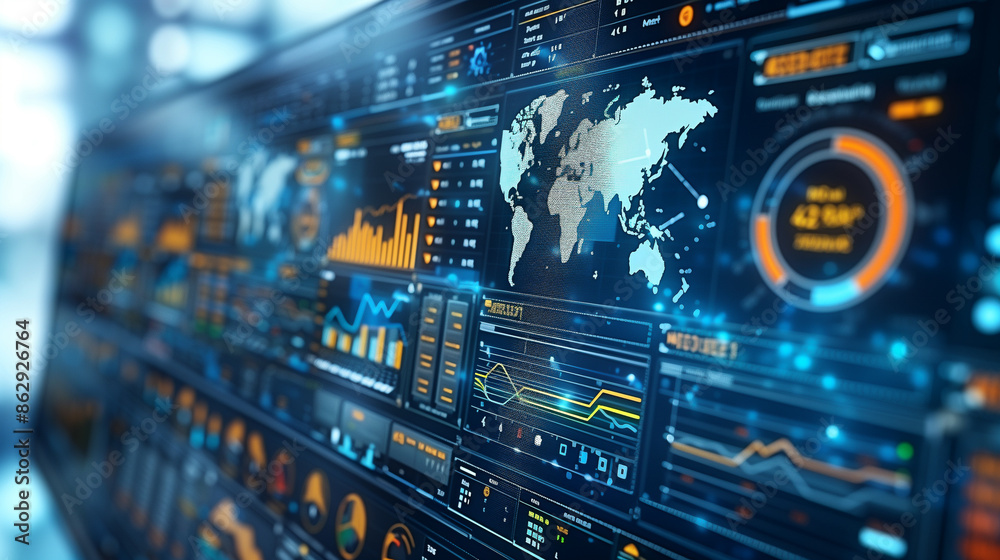 Naklejka premium High-tech data dashboard with world map and various graphs, displaying global statistics and analytics.