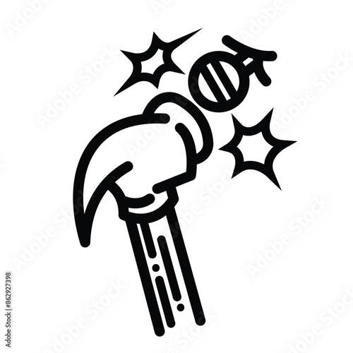Hammering nail or hitting nail with hammer icon illustration black outlined isolated on square white background. Simple flat cartoon art styled drawing.