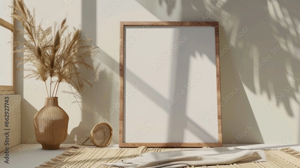 Mockup of wooden frame with vase and grass on cloth in Scandinavian home design Mockup of wooden frame with vase and grass on cloth in Scandinavian home design