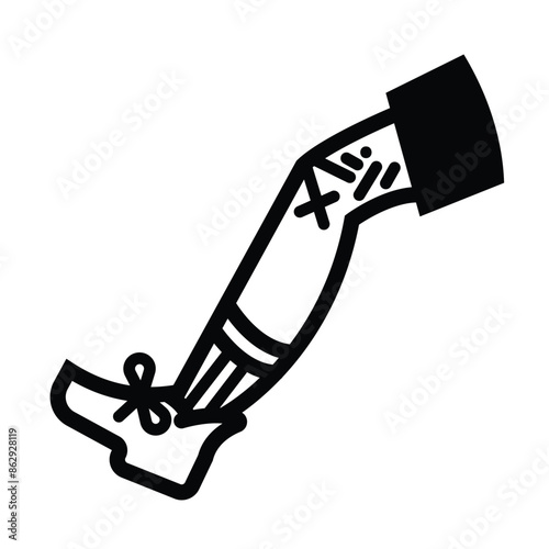 Grazed or wounded human knee icon illustration black outlined isolated on square white background. Simple flat cartoon art styled drawing.