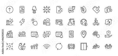 Organic product, Like and Mobile finance line icons pack. AI, Question and Answer, Map pin icons. Cogwheel settings, Video conference, Power web icon. Vector