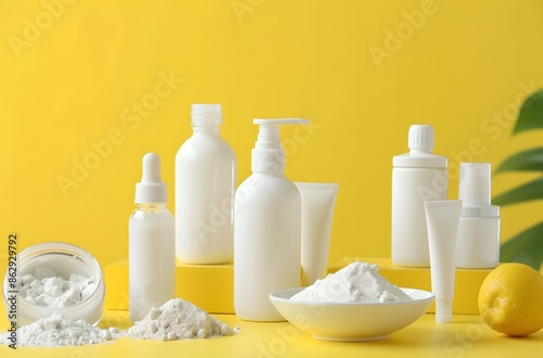 Skin care products such as cream serum and lotion in white bottles on table with bowl full of powder against a yellow background beaution and skin care concept