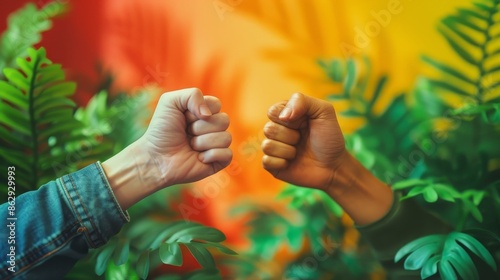 Two people are holding hands and giving each other a fist bump