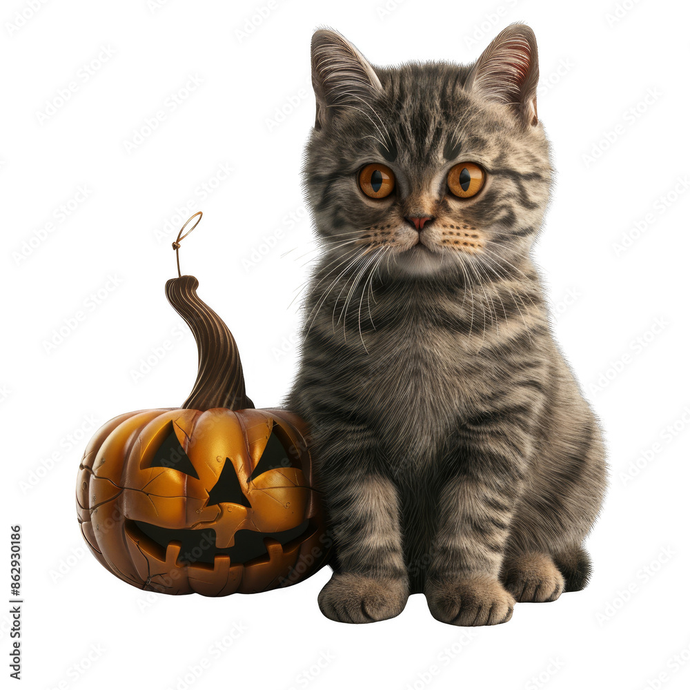3d A cat with a Halloween pumpkin. isolated on the white background