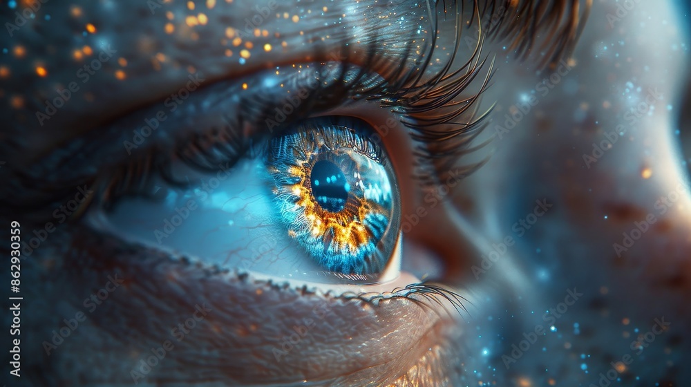 A close up of a person's eye with a blue iris and a yellow line A close up of a person's eye with a blue iris and a yellow line