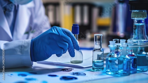 Forensic Scientist Examining Evidence in Laboratory with DNA, Fingerprints and Crime Scene Materials photo
