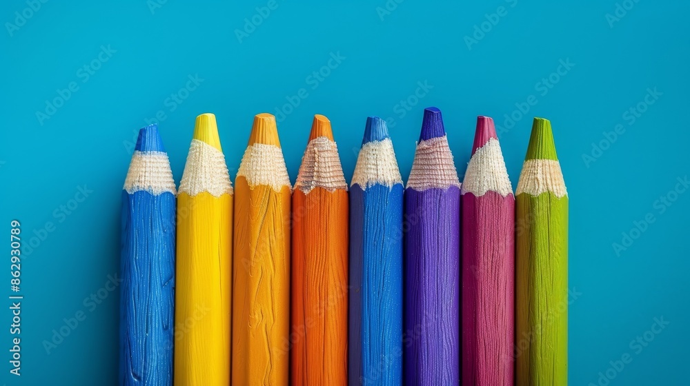 A row of pencils with different colors, including blue, yellow, and purple A row of pencils with different colors, including blue, yellow, and purple