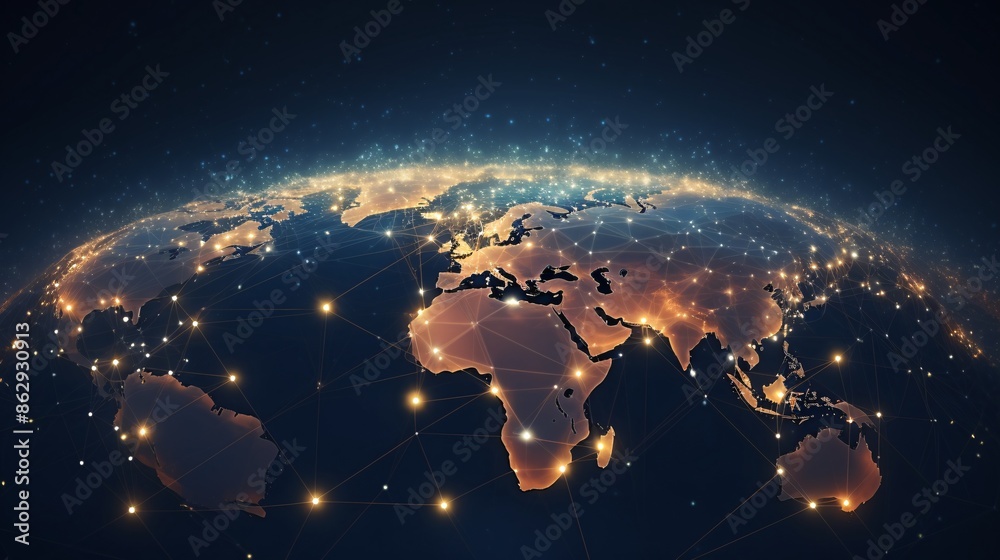 Futuristic Earth graphic, with luminous lines and digital overlays illustrating advanced technology.