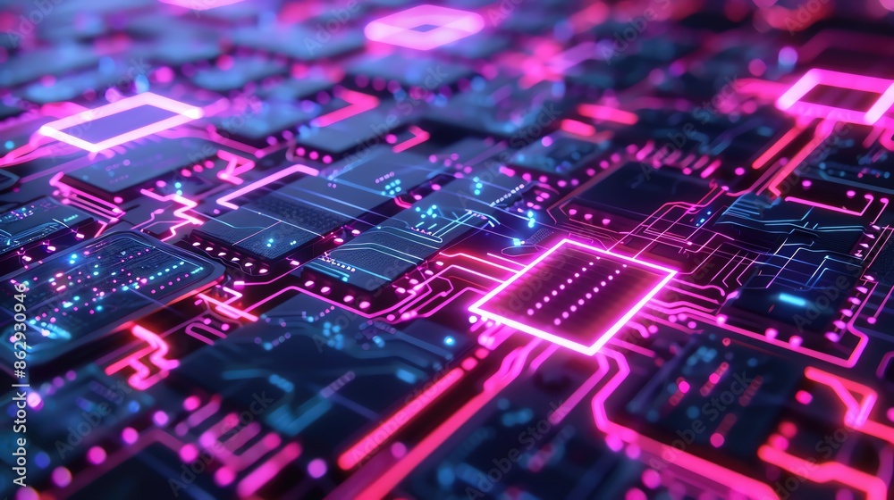 Obraz premium Abstract digital circuitry with vibrant pink neon lights, representing modern technology and futuristic electronic components.