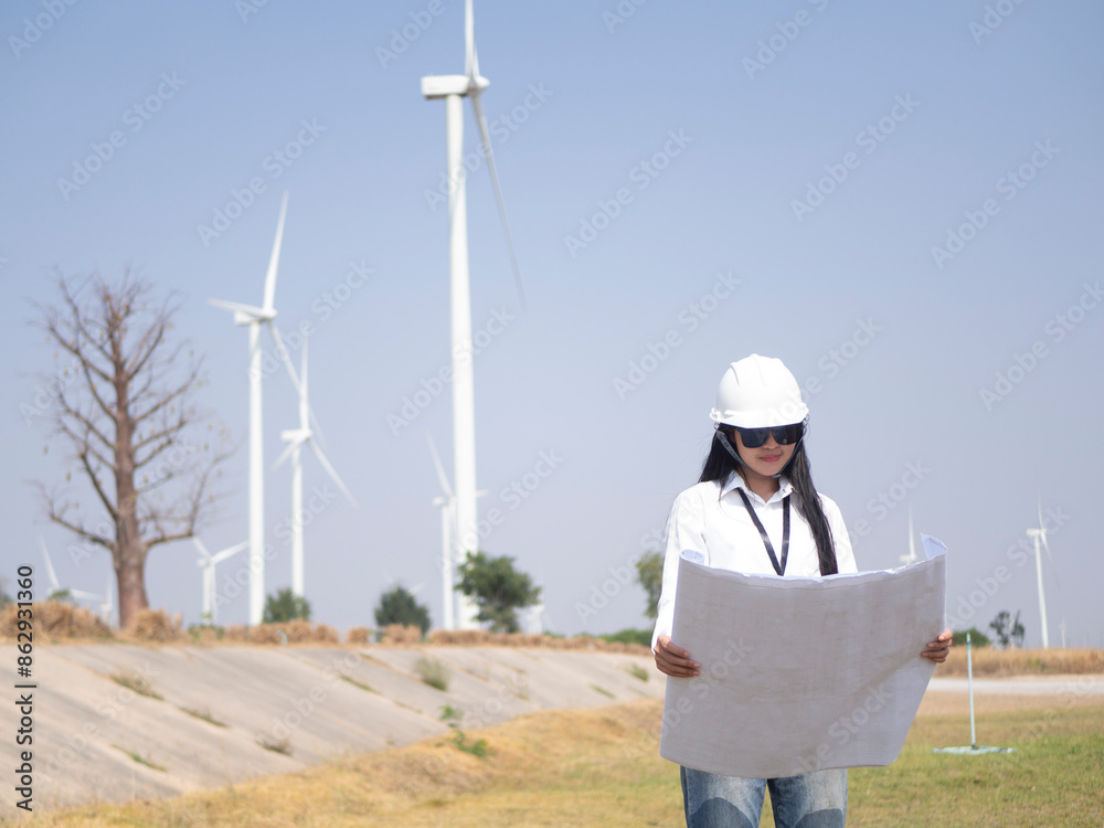 Architect working on the basis of a wind turbine Check the structure