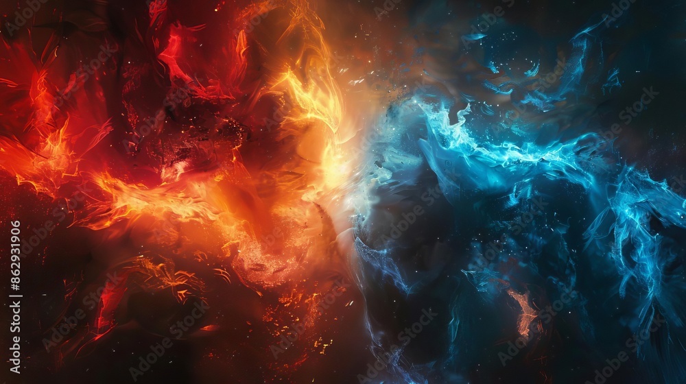 Obraz premium Heaven and hell intertwined in a holographic display, Bright and dark colors, Fantasy, Digital painting, Contrasting