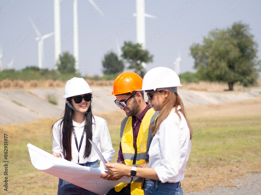 A group of engineers and architects are consulting. About taking care of wind turbines For a sustainable environment A group of engineers and architects are consulting. About taking care of wind turbines For a sustainable environment