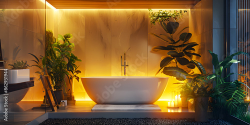 Baño relajante con una tina blanca y luz calida con plantas lugar acogedor elegante y minimalista  photo
