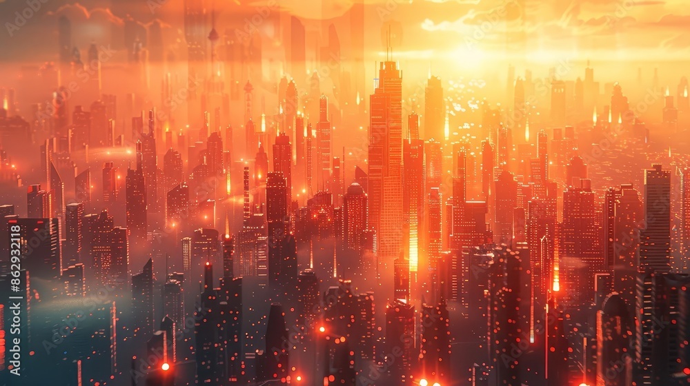 Morning light breaking through a futuristic cityscape, Warm colors, 3D rendering, Neon, Hopeful Morning light breaking through a futuristic cityscape, Warm colors, 3D rendering, Neon, Hopeful