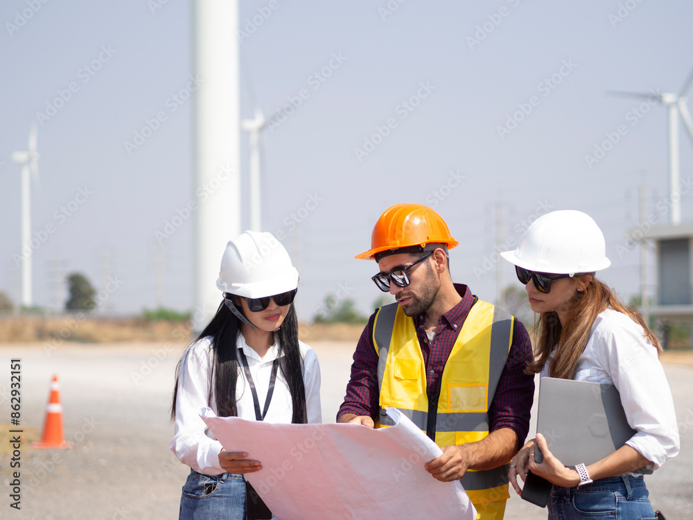 A group of engineers and architects are consulting. About taking care of wind turbines For a sustainable environment A group of engineers and architects are consulting. About taking care of wind turbines For a sustainable environment