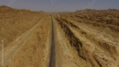 Aerial view of desert road cutting through mountains, Gwadar, Balochistan, Pakistan. photo