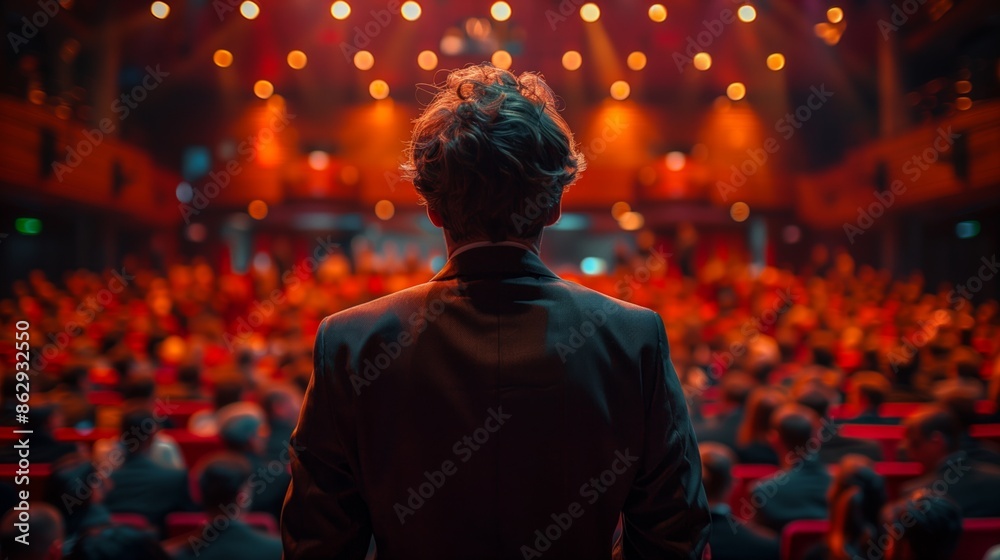 Man Addressing a Large Audience in a Theater Man Addressing a Large Audience in a Theater