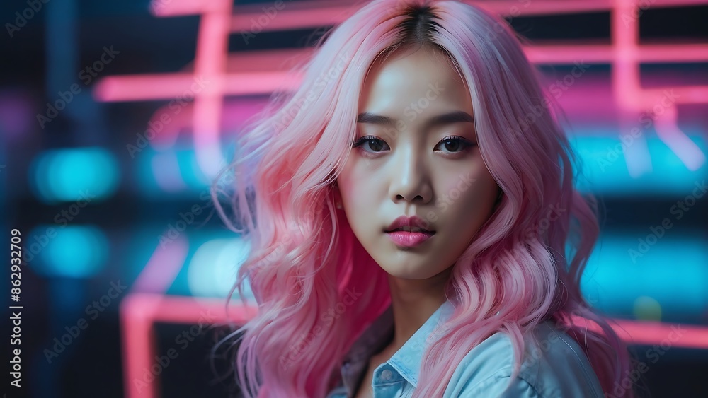 Young pretty Asian woman with glitter make-up wearing sporty fashion, white clothes, model posing isolated on a colorful modern pink and blue background, k-pop style Young pretty Asian woman with glitter make-up wearing sporty fashion, white clothes, model posing isolated on a colorful modern pink and blue background, k-pop style