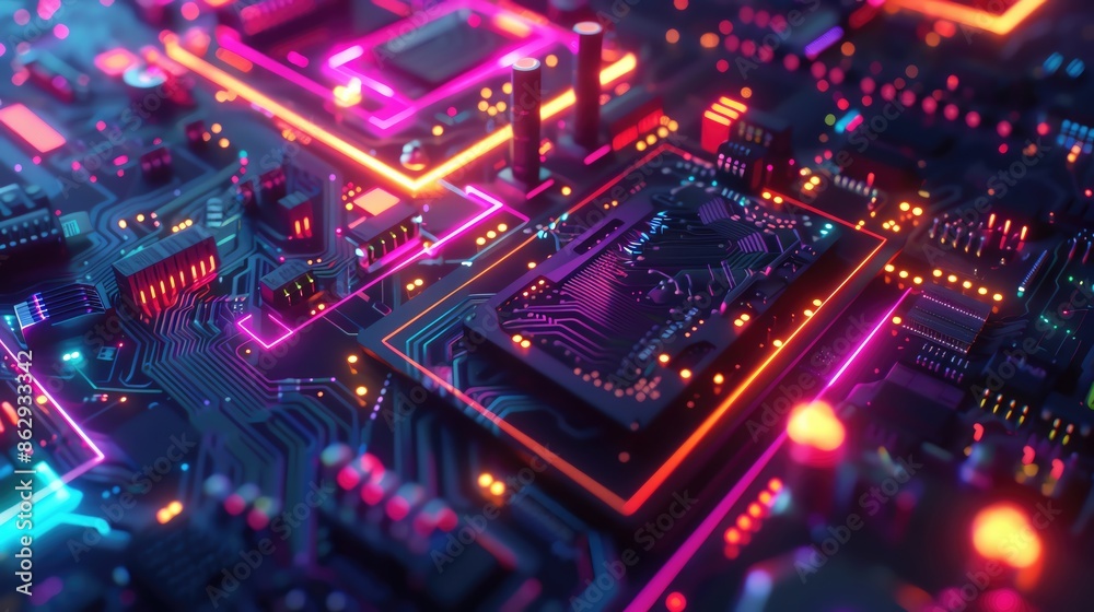 A vibrant and futuristic electronic circuit board with glowing neon lights in pink, orange, and blue hues, representing advanced technology.