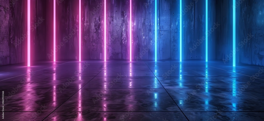 3D Rendering of Neon Blue and Purple Light on a Dark Reflective Surface 3D Rendering of Neon Blue and Purple Light on a Dark Reflective Surface