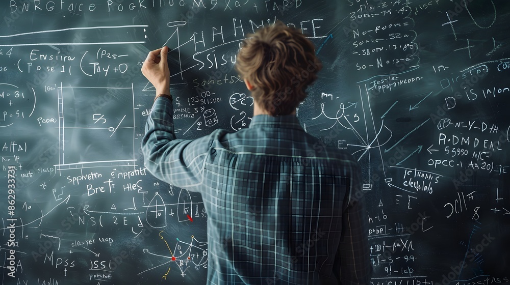 A man is writing on a blackboard with a chalk. The blackboard has a lot of equations and formulas on it. The man is focused on writing and seems to be in a serious mood A man is writing on a blackboard with a chalk. The blackboard has a lot of equations and formulas on it. The man is focused on writing and seems to be in a serious mood