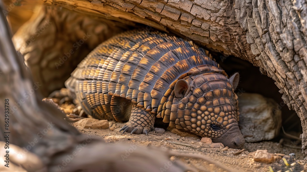 Fototapeta premium An armadillo nestled under a fallen log in its natural habitat, showcasing its intricate, armored shell.