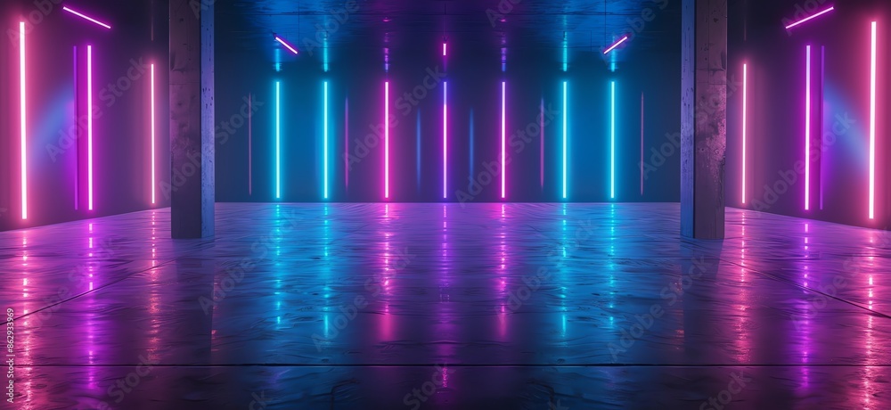 3D Rendering of Neon Blue and Purple Light on a Dark Reflective Surface 3D Rendering of Neon Blue and Purple Light on a Dark Reflective Surface