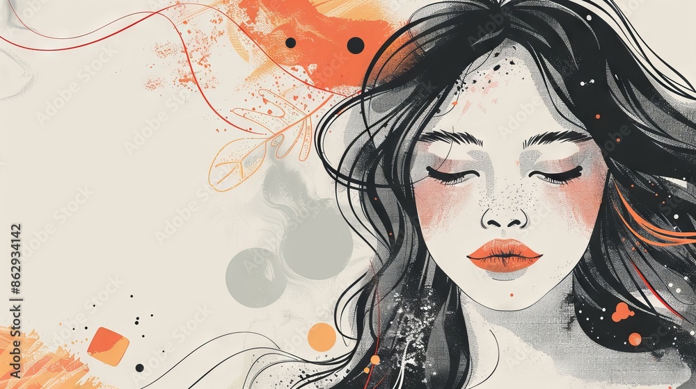 A beautiful watercolor painting of a woman with long, flowing hair. She has her eyes closed and is surrounded by colorful abstract shapes.