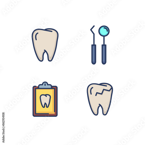 Dental examination line icon set. Dentist's tools, healthy and broken tooth, medical document. Therapeutic dentistry concept. Vector illustration for web design and apps