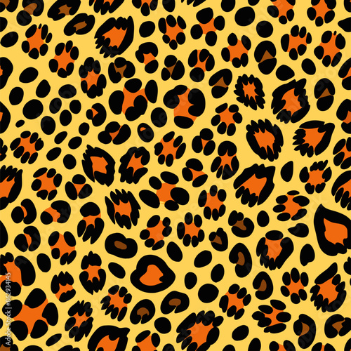 Seamless leopard print pattern in yellow, black, and brown. Ideal for fashion design, textiles, backgrounds, and decor