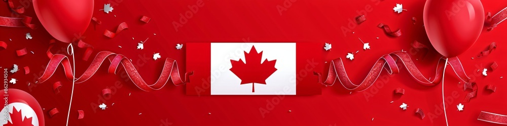 Obraz premium Frame with balloons, confetti, and maple leaves on red background with copy space. Holiday template for Canada Day, Victoria Day, Independence Day. Design for greeting card, banner, poster