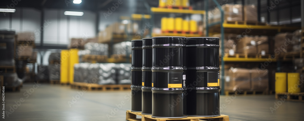 Black metal barrels with hazard symbols are stored on pallet in warehouse Black metal barrels with hazard symbols are stored on pallet in warehouse