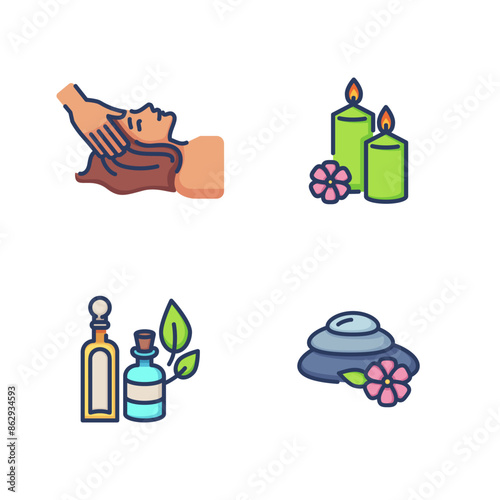 Massage line icon set. Aromatherapy, relaxation and quiet zone. Recovery concept. Vector illustration for web design and apps