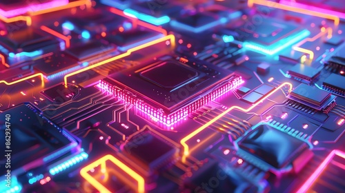 Futuristic circuit board with neon lights, representing advanced technology and modern electronic components.