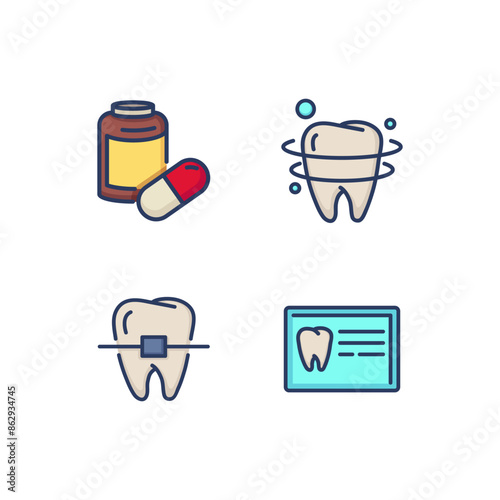 Orthodontics line icon set. Braces, retainer, treatment plan and medicaments. Correcting smile concept. Vector illustration for web design and apps