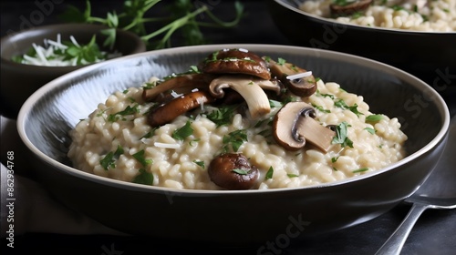 Close up view of appetizing mushroom risotto. 