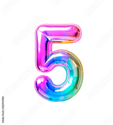 AI generated photo with inflatable multicolored neon number 5. Minimalistic balloon isolated on a transparent background