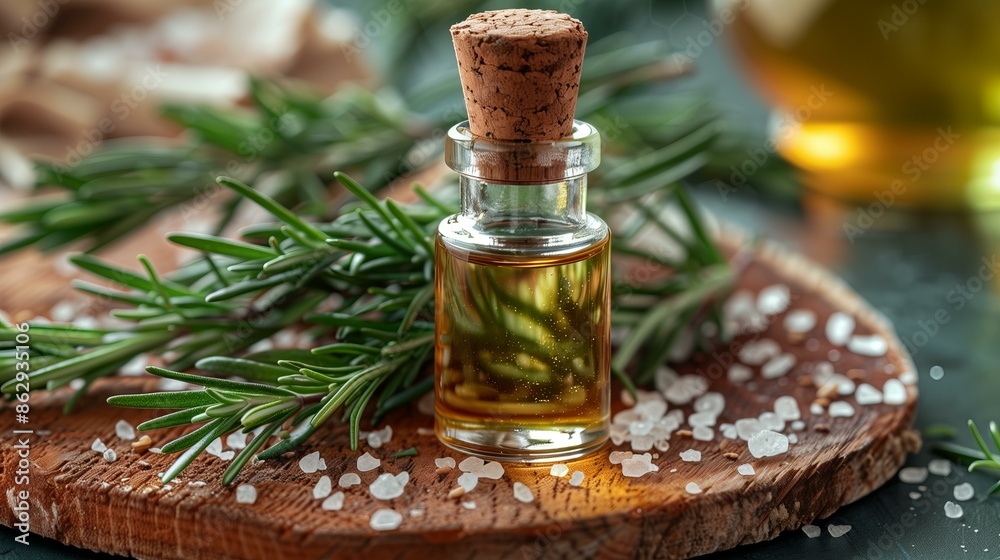 Aromatic rosemary essential oil in a glass bottle, surrounded by fresh rosemary sprigs and sea salt crystals on a wooden board. Aromatic rosemary essential oil in a glass bottle, surrounded by fresh rosemary sprigs and sea salt crystals on a wooden board.
