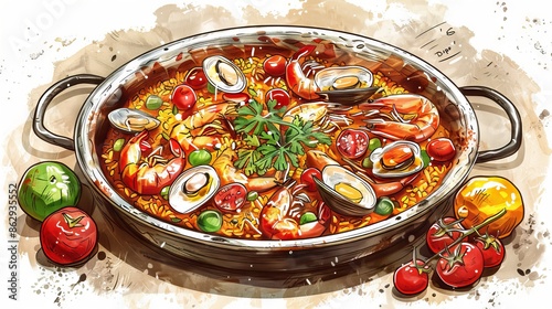 A delicious and authentic Spanish paella, made with bomba rice, saffron, chicken, seafood, and vegetables. photo