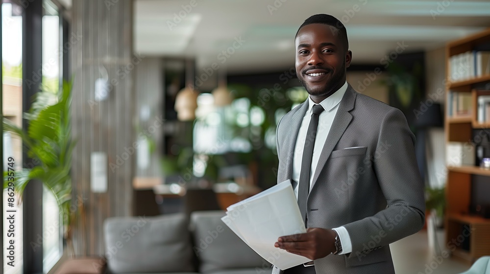 Obraz premium Confident young businessman in a modern office holding documents with a warm smile.